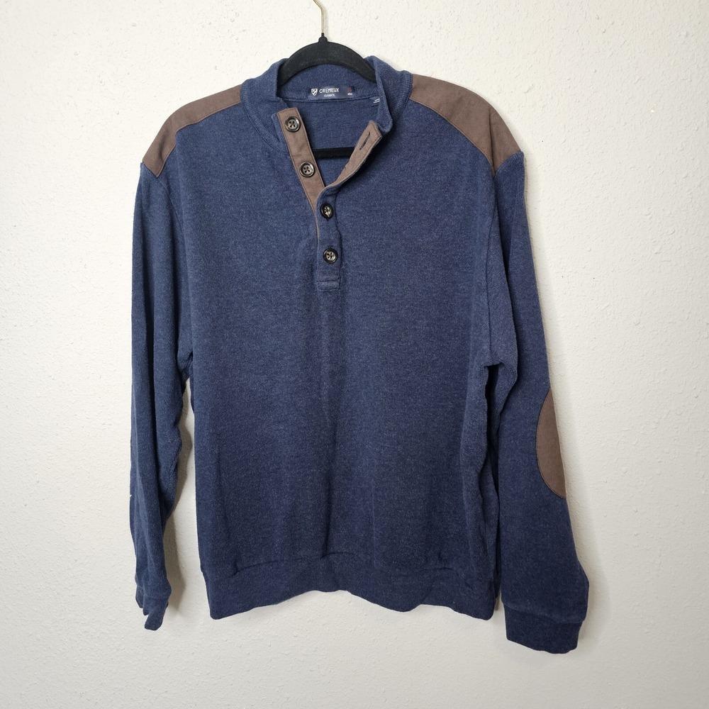 Cremieux Classics Mens XL Navy Blue Button Mock Neck Sweater Elbow Patches